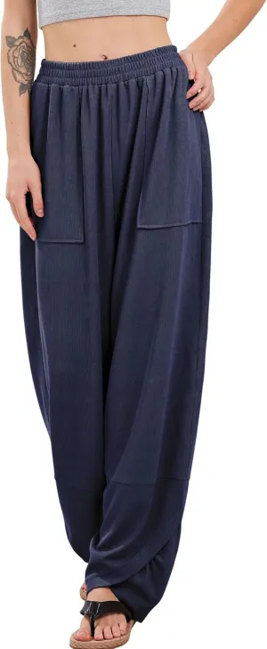Womens Baggy Pants Wrap Hem Pants with Pockets Casual Elastic Waist Wide Leg Harem Pants