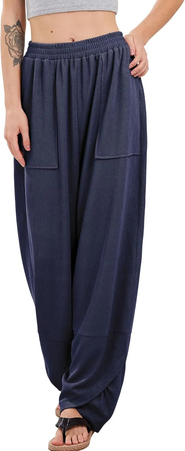 Womens Baggy Pants Wrap Hem Pants with Pockets Casual Elastic Waist Wide Leg Harem Pants