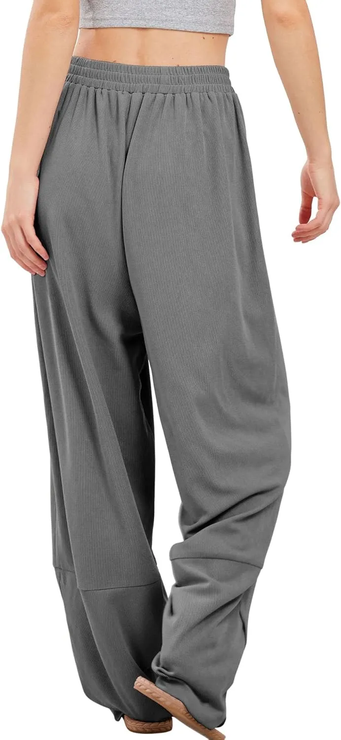 Womens Baggy Pants Wrap Hem Pants with Pockets Casual Elastic Waist Wide Leg Harem Pants