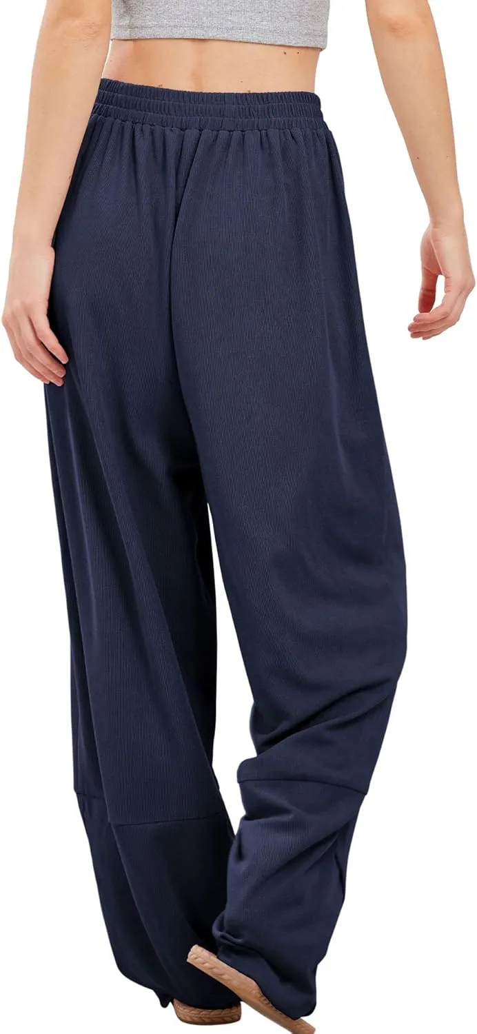 Womens Baggy Pants Wrap Hem Pants with Pockets Casual Elastic Waist Wide Leg Harem Pants