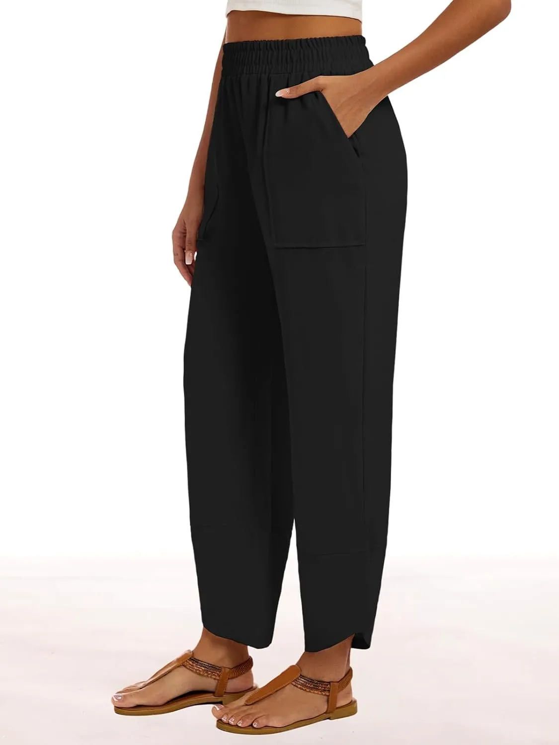 Womens Baggy Wide Leg Pants Casual Elastic Waisted Lounge Pants Palazzo Harem Pants Trousers with Pockets