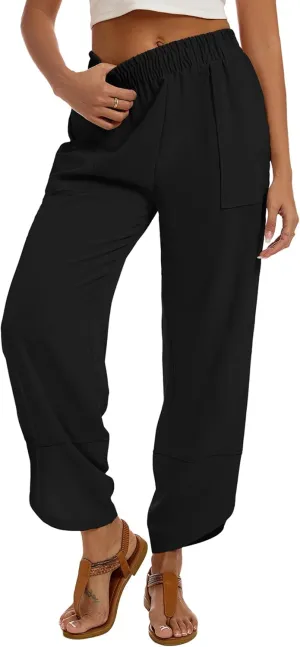 Womens Baggy Wide Leg Pants Casual Elastic Waisted Lounge Pants Palazzo Harem Pants Trousers with Pockets