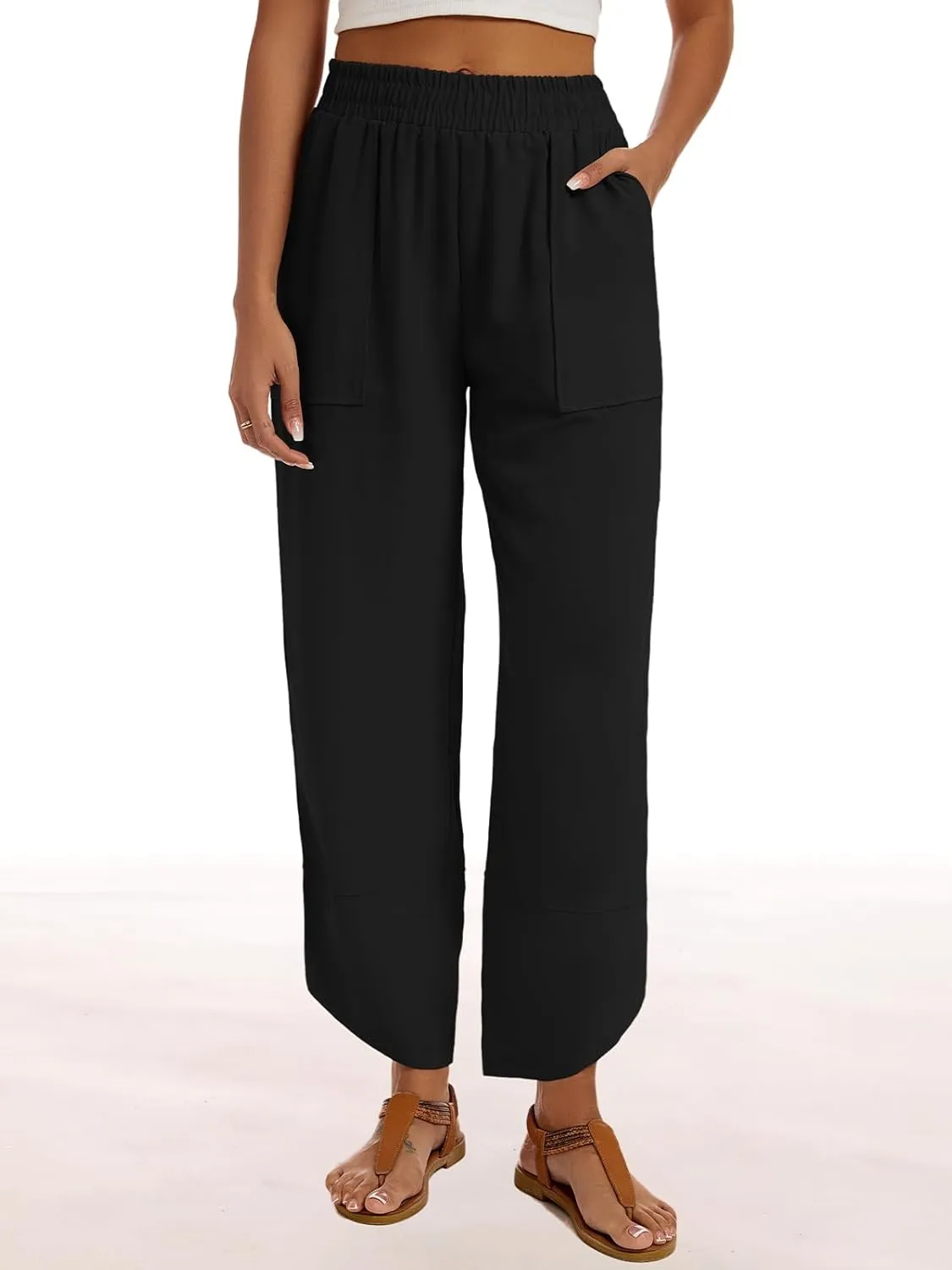 Womens Baggy Wide Leg Pants Casual Elastic Waisted Lounge Pants Palazzo Harem Pants Trousers with Pockets
