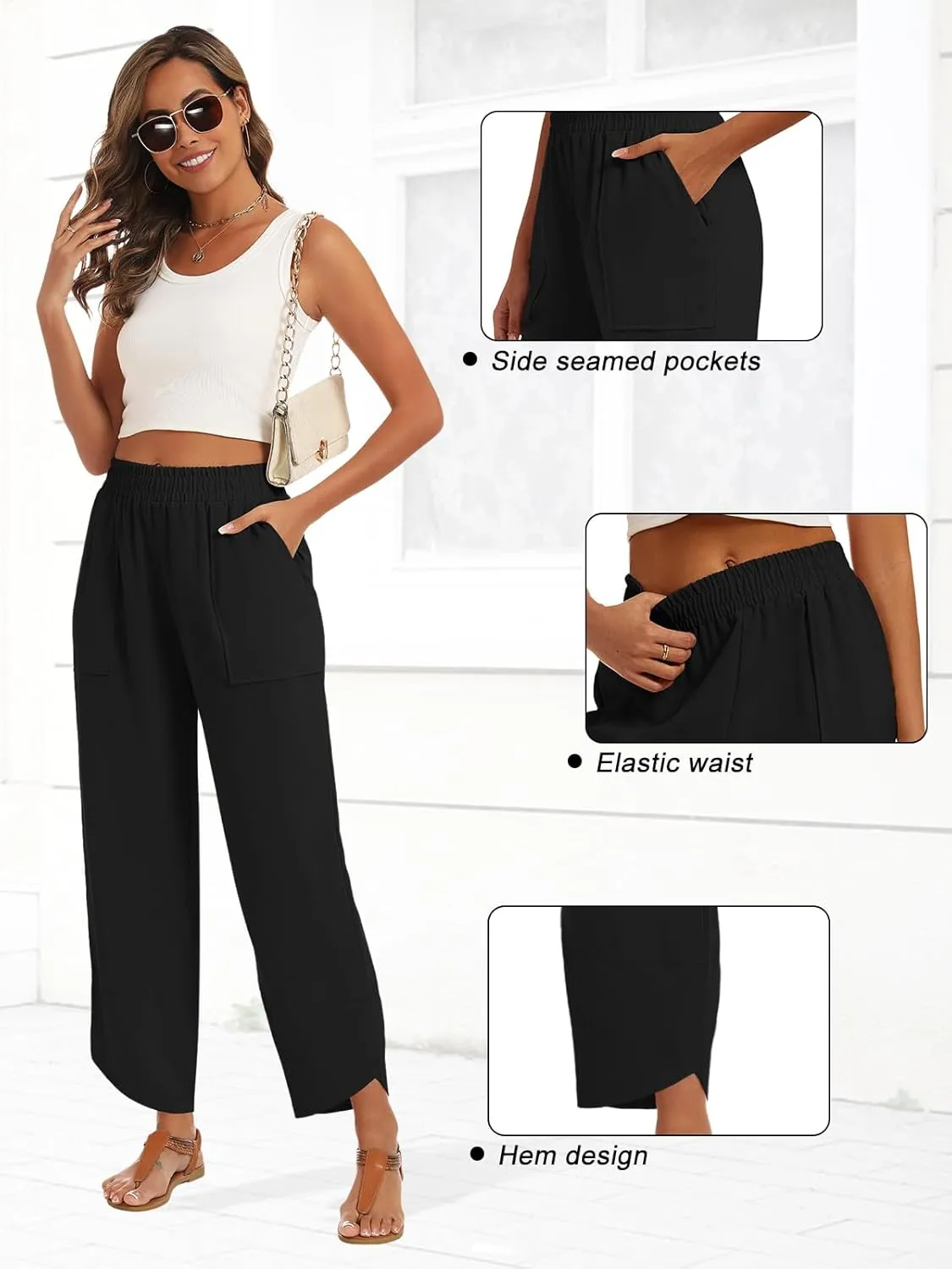Womens Baggy Wide Leg Pants Casual Elastic Waisted Lounge Pants Palazzo Harem Pants Trousers with Pockets