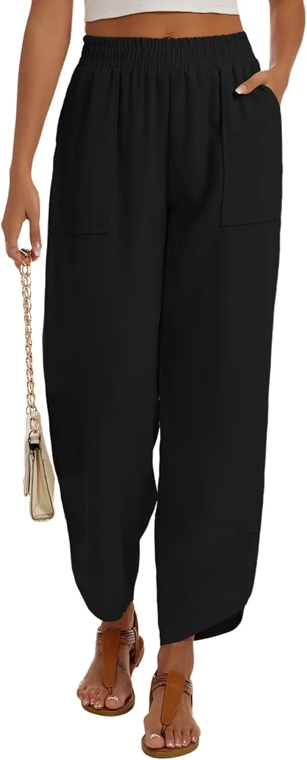 Womens Baggy Wide Leg Pants Casual Elastic Waisted Lounge Pants Palazzo Harem Pants Trousers with Pockets
