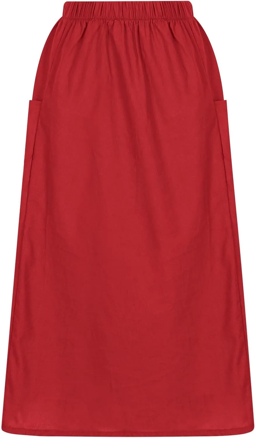 Womens Beach Skirts Summer Comfy Cotton Linen Skirts Basic Solid Color Elastic Waist A-Line Midi Skirts with Pockets