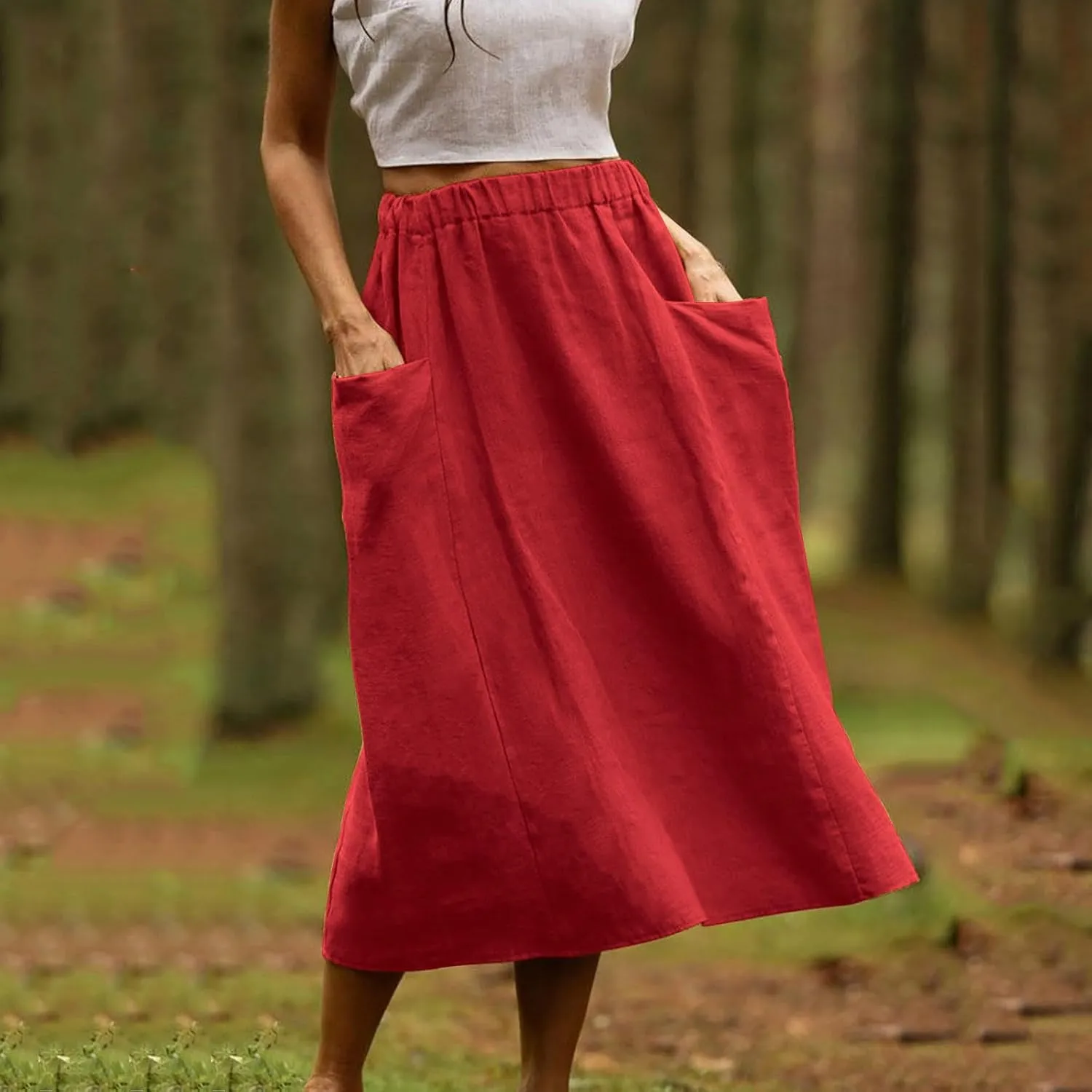 Womens Beach Skirts Summer Comfy Cotton Linen Skirts Basic Solid Color Elastic Waist A-Line Midi Skirts with Pockets