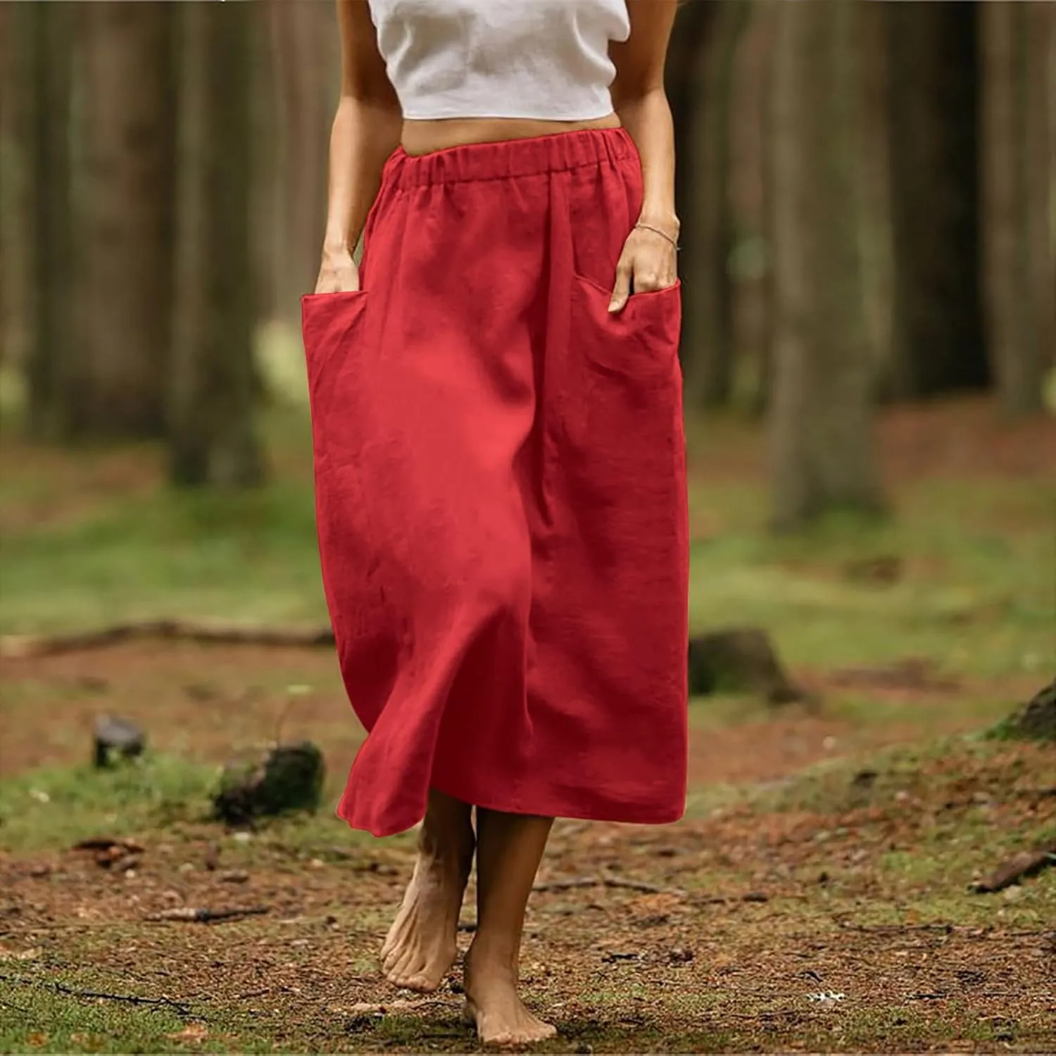 Womens Beach Skirts Summer Comfy Cotton Linen Skirts Basic Solid Color Elastic Waist A-Line Midi Skirts with Pockets