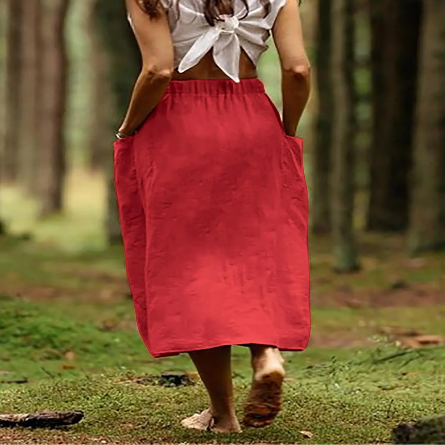 Womens Beach Skirts Summer Comfy Cotton Linen Skirts Basic Solid Color Elastic Waist A-Line Midi Skirts with Pockets