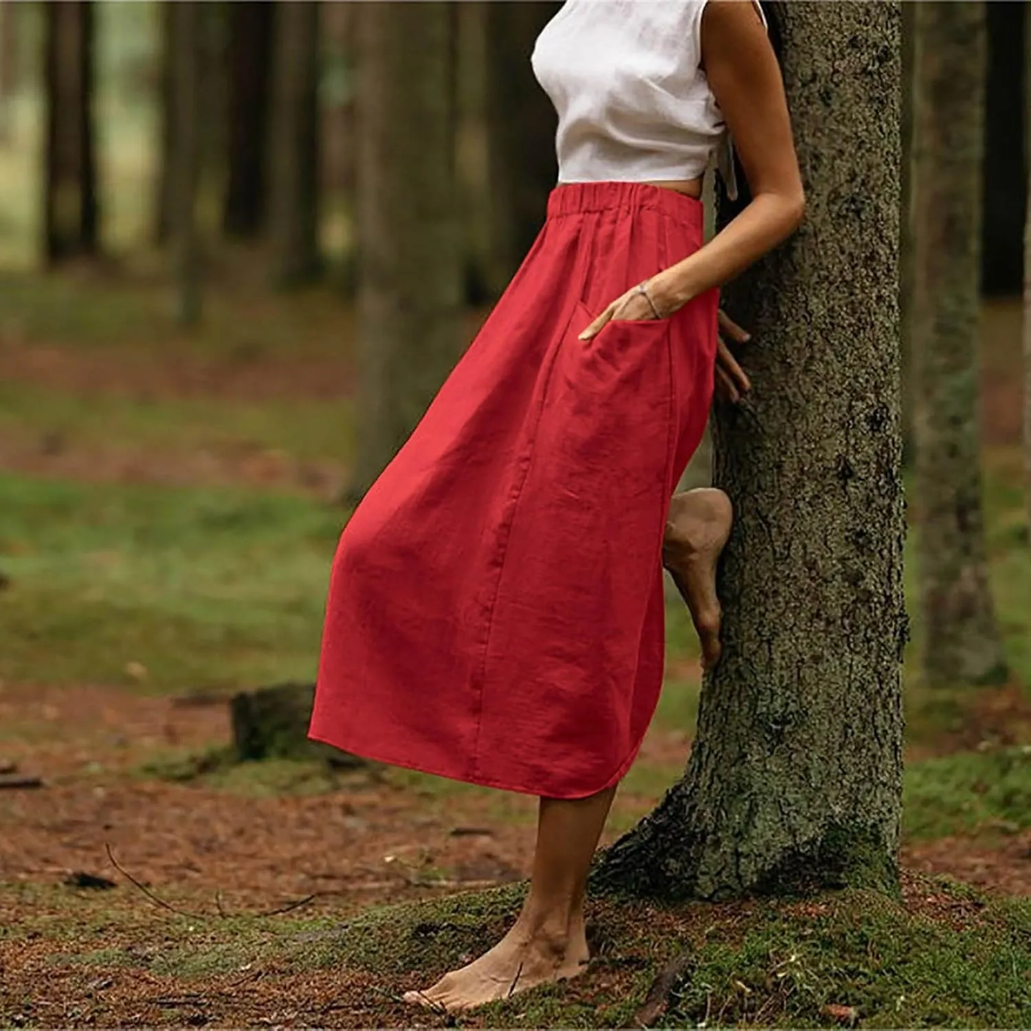 Womens Beach Skirts Summer Comfy Cotton Linen Skirts Basic Solid Color Elastic Waist A-Line Midi Skirts with Pockets