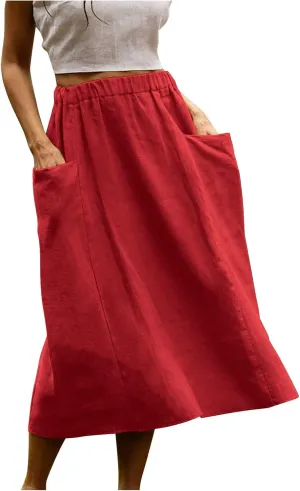 Womens Beach Skirts Summer Comfy Cotton Linen Skirts Basic Solid Color Elastic Waist A-Line Midi Skirts with Pockets