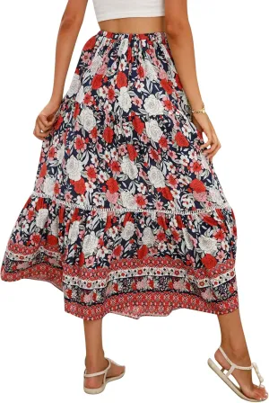 Women's Bohemian Maxi Skirts Boho Floral Tiered Skirt Casual High Waist Ruffle A-Line Flowy Swing Beach Long Skirts