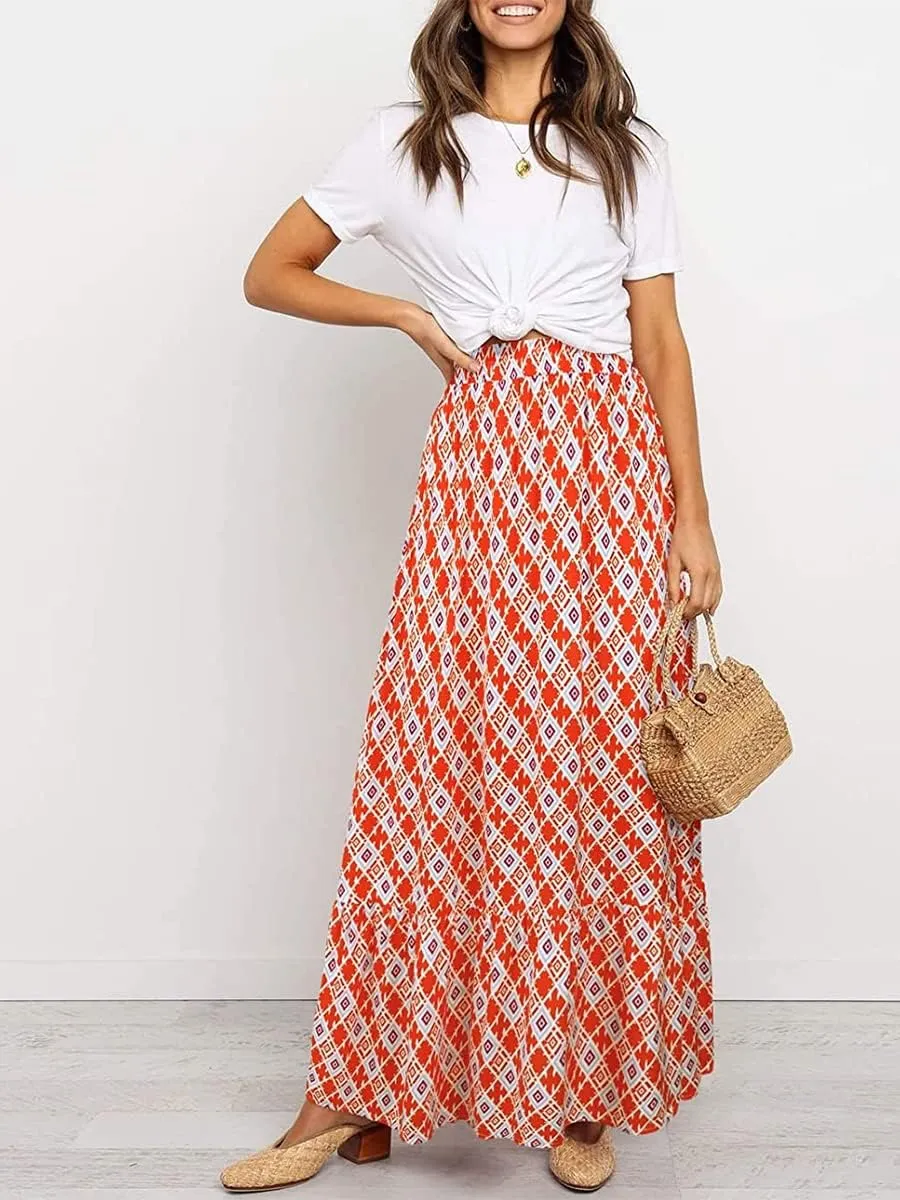 Women's Bohemian Maxi Skirts Boho Floral Tiered Skirt Casual High Waist Ruffle A-Line Flowy Swing Beach Long Skirts