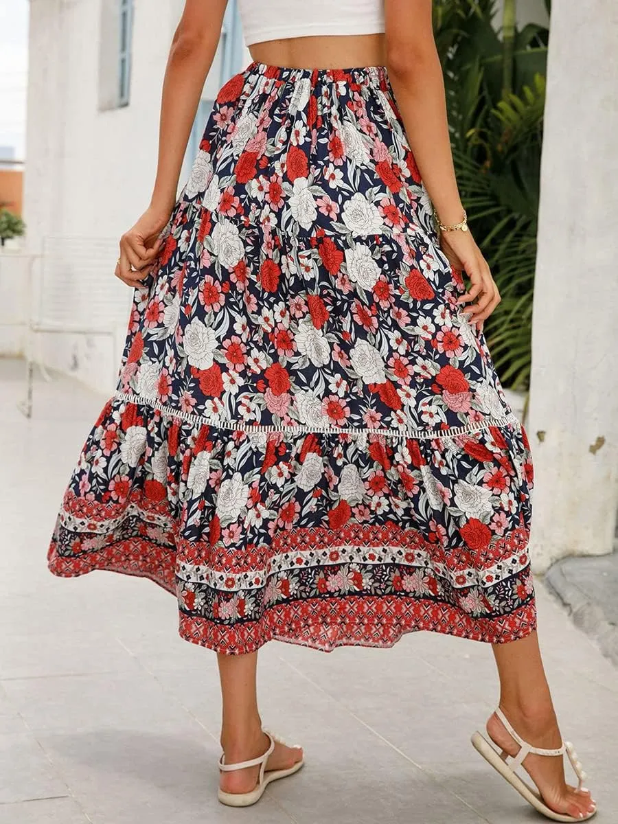 Women's Bohemian Maxi Skirts Boho Floral Tiered Skirt Casual High Waist Ruffle A-Line Flowy Swing Beach Long Skirts