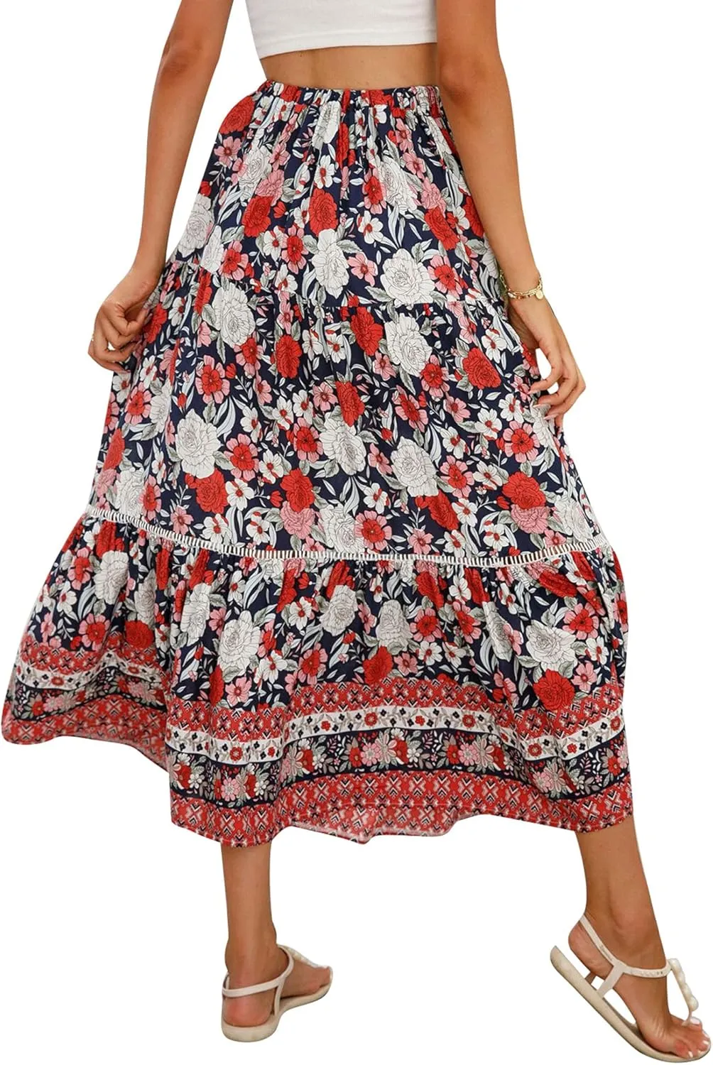 Women's Bohemian Maxi Skirts Boho Floral Tiered Skirt Casual High Waist Ruffle A-Line Flowy Swing Beach Long Skirts