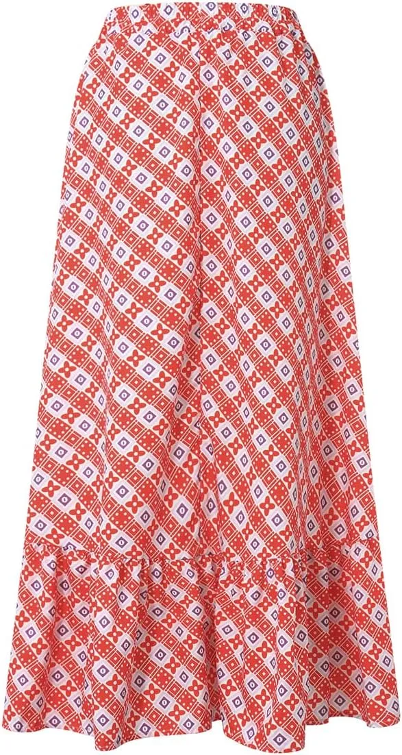 Women's Bohemian Maxi Skirts Boho Floral Tiered Skirt Casual High Waist Ruffle A-Line Flowy Swing Beach Long Skirts