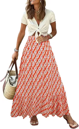 Women's Bohemian Maxi Skirts Boho Floral Tiered Skirt Casual High Waist Ruffle A-Line Flowy Swing Beach Long Skirts