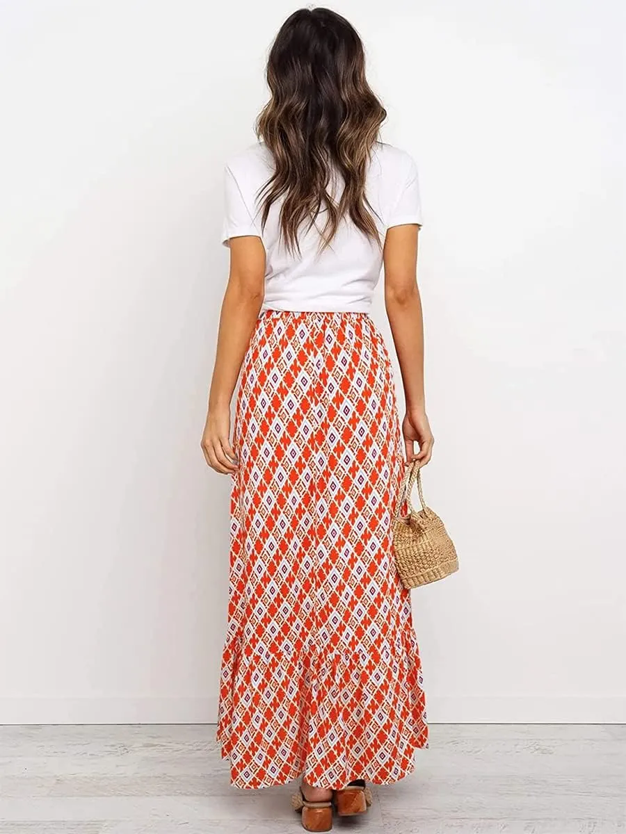 Women's Bohemian Maxi Skirts Boho Floral Tiered Skirt Casual High Waist Ruffle A-Line Flowy Swing Beach Long Skirts