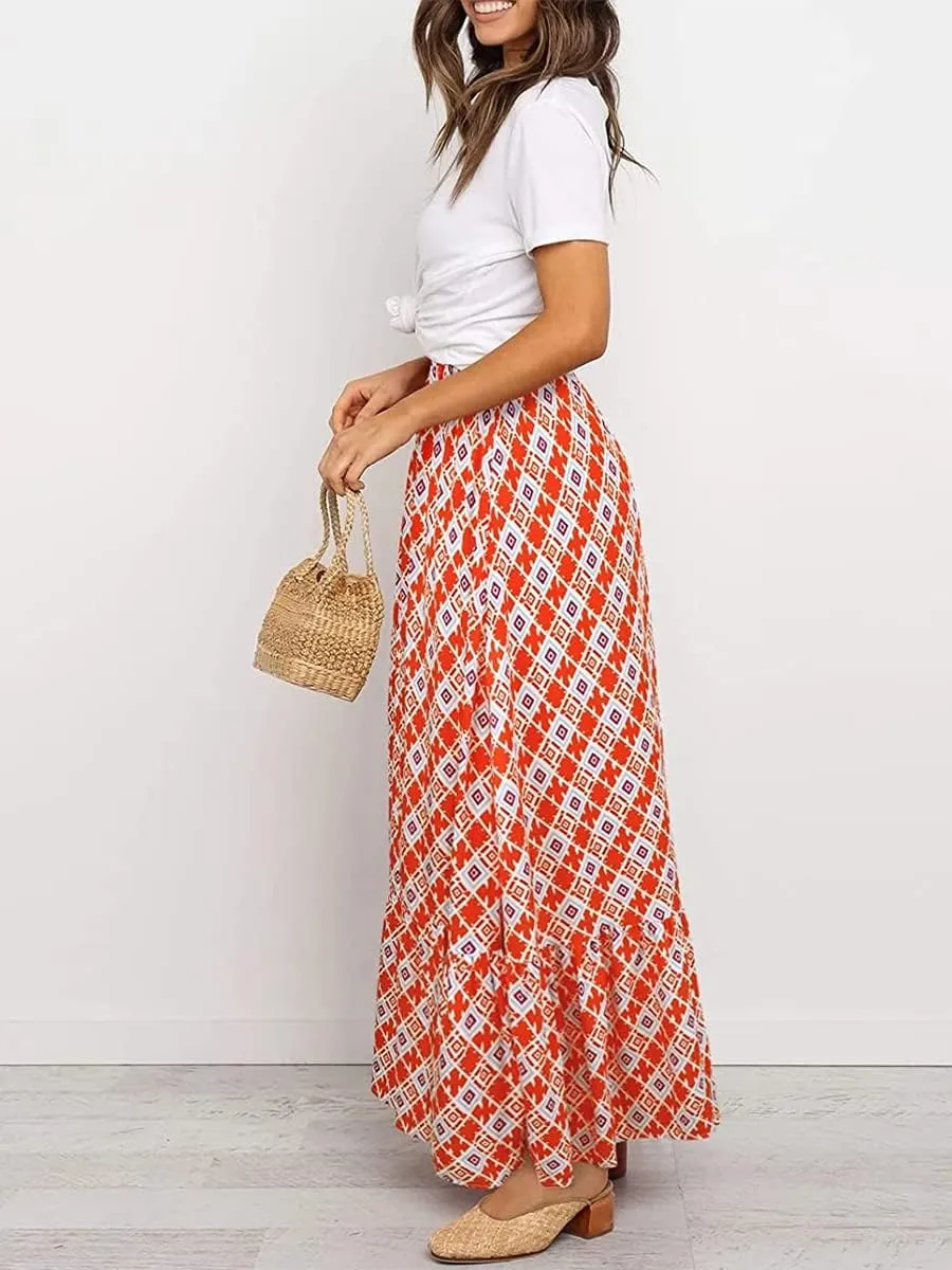 Women's Bohemian Maxi Skirts Boho Floral Tiered Skirt Casual High Waist Ruffle A-Line Flowy Swing Beach Long Skirts