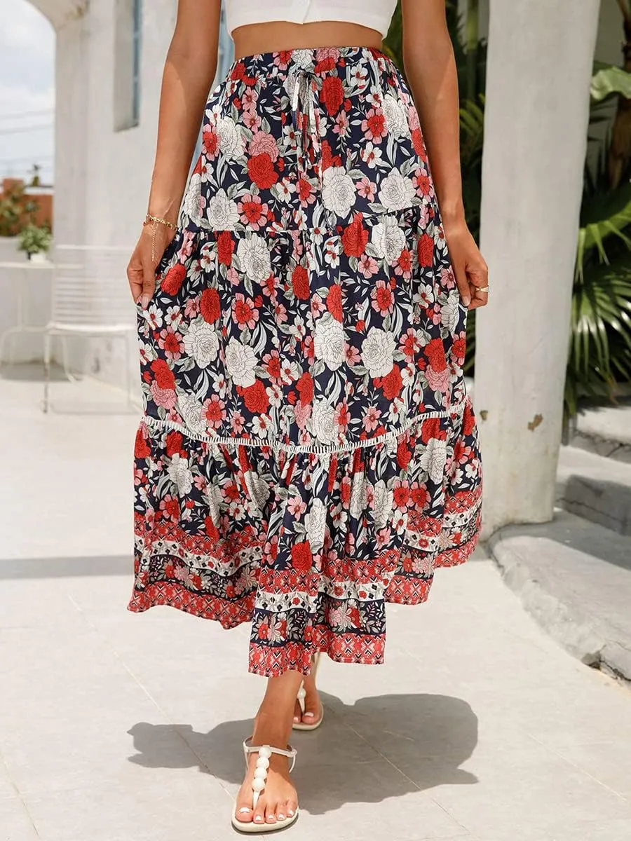 Women's Bohemian Maxi Skirts Boho Floral Tiered Skirt Casual High Waist Ruffle A-Line Flowy Swing Beach Long Skirts