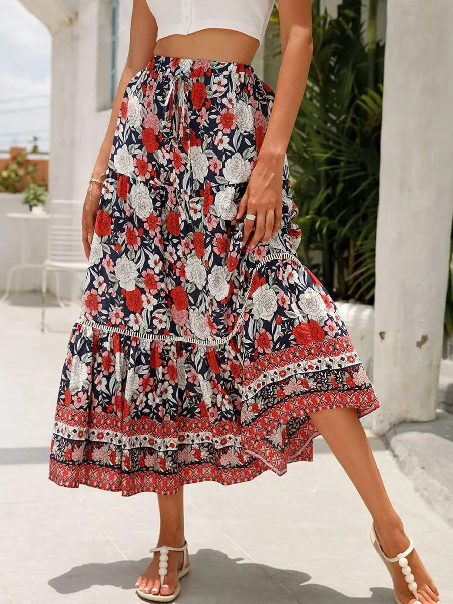 Women's Bohemian Maxi Skirts Boho Floral Tiered Skirt Casual High Waist Ruffle A-Line Flowy Swing Beach Long Skirts