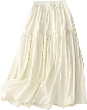 Women's Bohemian Skirt 2025 Fashion Elastic Waist Pleated Dress Summer Solid Flowy Swing Tiered A Line Midi Skirts