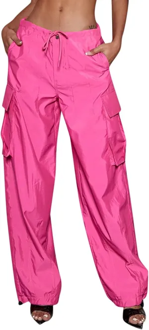 Women's Casual Clothes Loose Pants Relaxed Fit Baggy Pants With Pockets High Waist Zipper Slim Drawstring (Hot Pink, XS)
