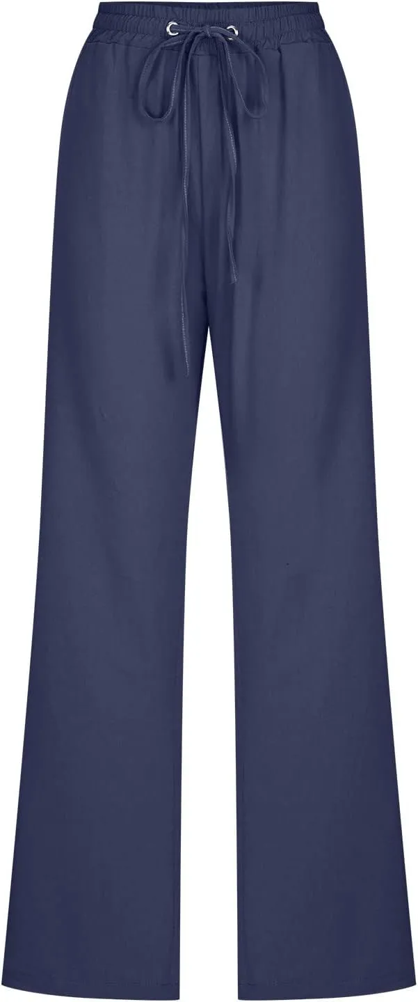 Womens Casual Comfy Linen Pants Solid Elastic Loose Cotton Pants Straight Wide Leg Trousers Summer Lightweight Pants