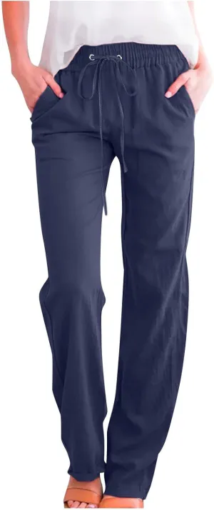 Womens Casual Comfy Linen Pants Solid Elastic Loose Cotton Pants Straight Wide Leg Trousers Summer Lightweight Pants