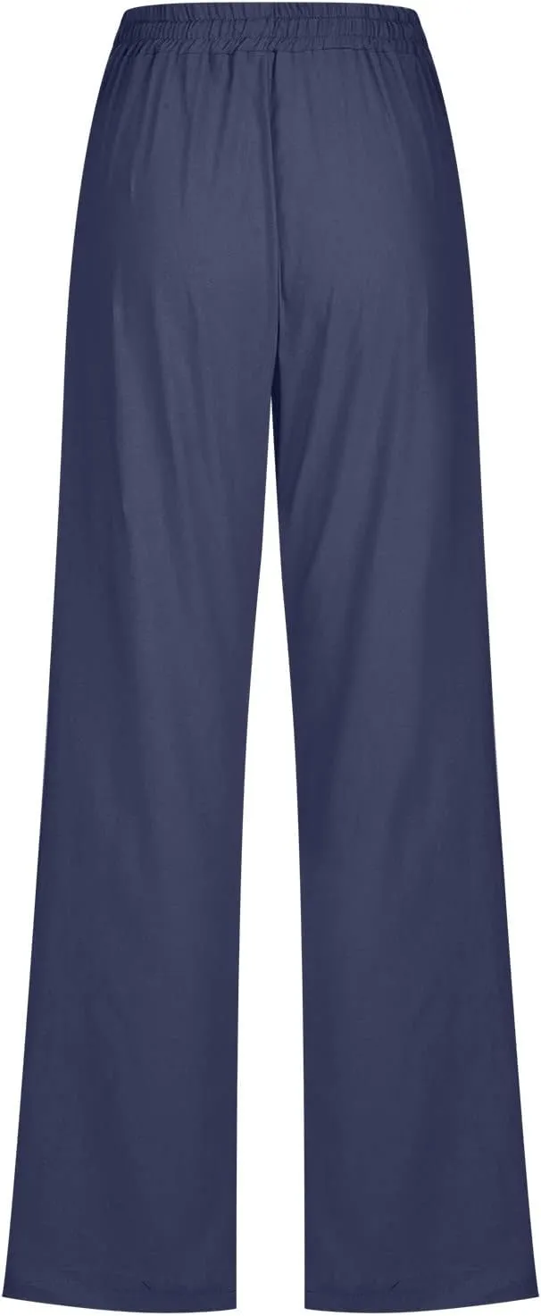 Womens Casual Comfy Linen Pants Solid Elastic Loose Cotton Pants Straight Wide Leg Trousers Summer Lightweight Pants