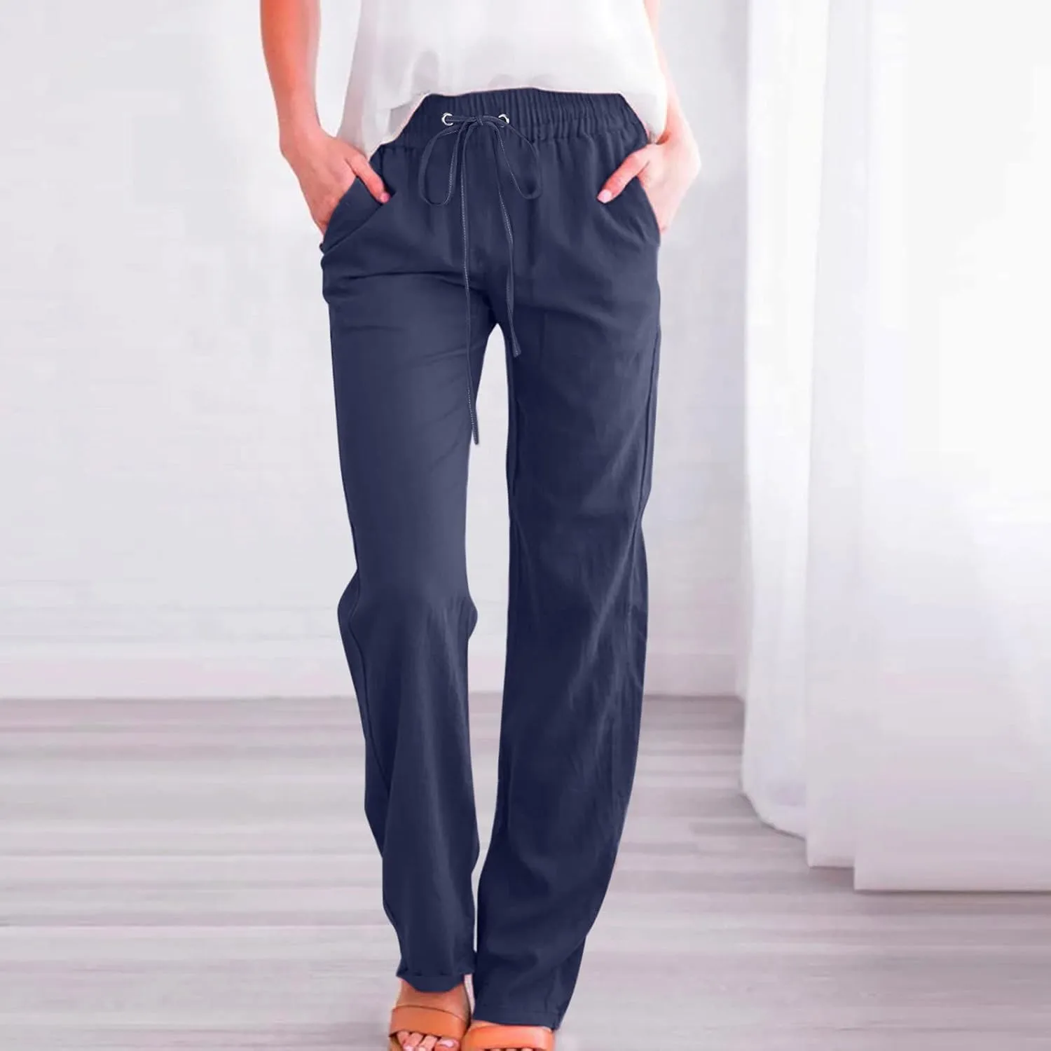 Womens Casual Comfy Linen Pants Solid Elastic Loose Cotton Pants Straight Wide Leg Trousers Summer Lightweight Pants