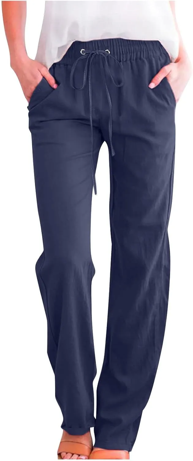 Womens Casual Comfy Linen Pants Solid Elastic Loose Cotton Pants Straight Wide Leg Trousers Summer Lightweight Pants