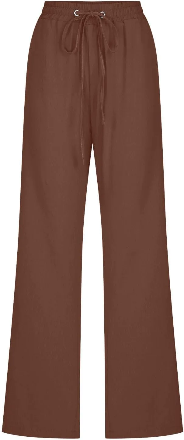 Women's Casual Cotton Linen Pants Summer Relax Fit Elastic Waist Straight Leg Comfy Solid Color Lounge Long Trouser