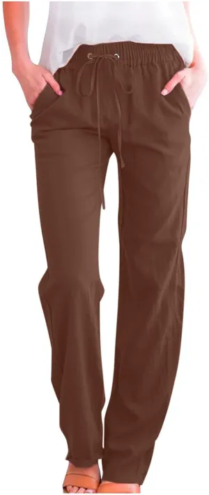 Women's Casual Cotton Linen Pants Summer Relax Fit Elastic Waist Straight Leg Comfy Solid Color Lounge Long Trouser