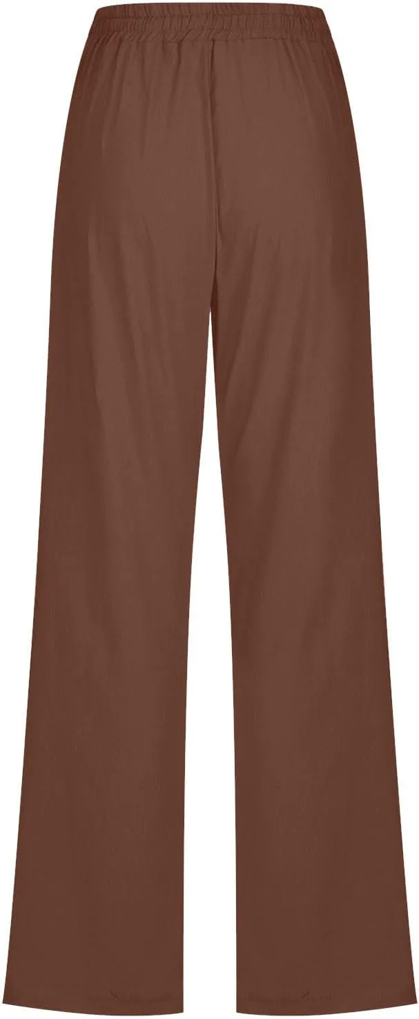 Women's Casual Cotton Linen Pants Summer Relax Fit Elastic Waist Straight Leg Comfy Solid Color Lounge Long Trouser