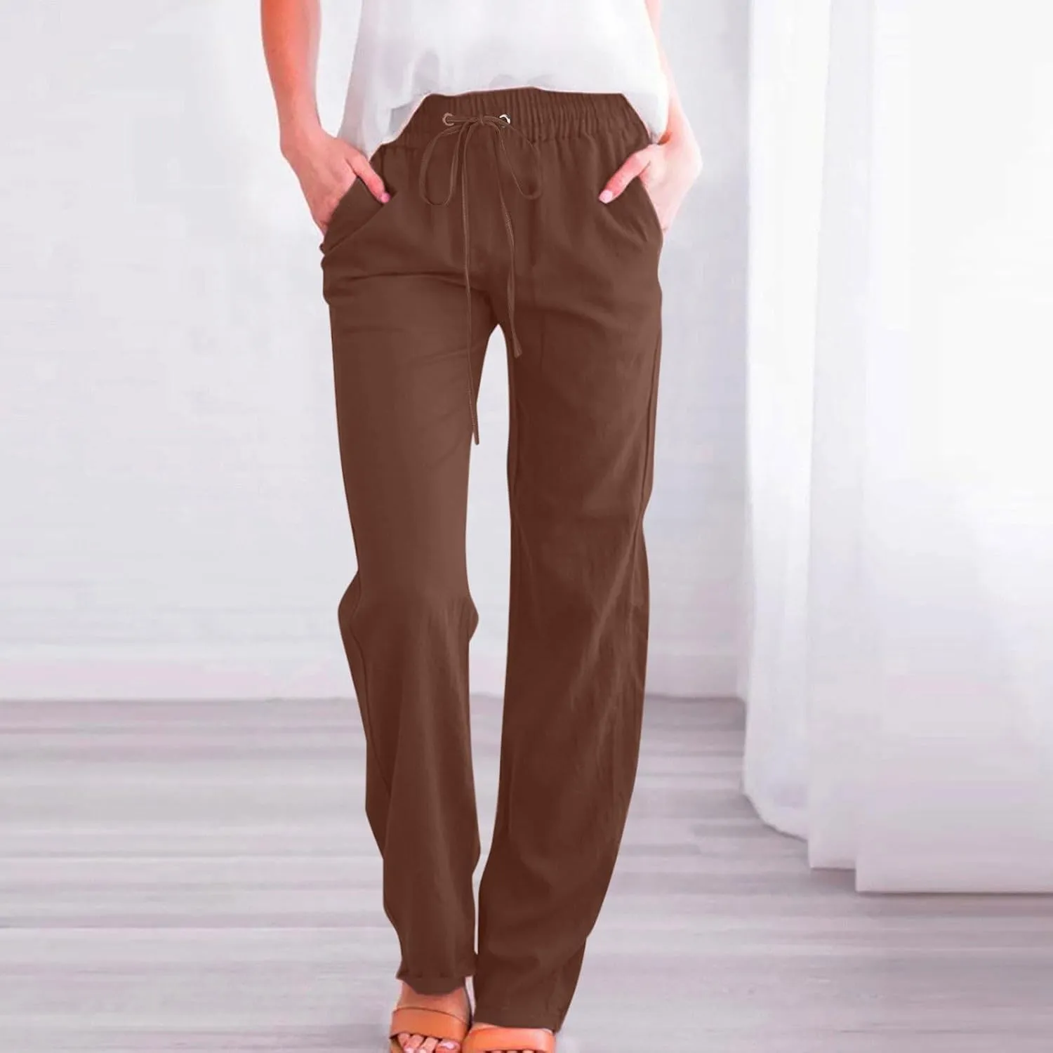 Women's Casual Cotton Linen Pants Summer Relax Fit Elastic Waist Straight Leg Comfy Solid Color Lounge Long Trouser
