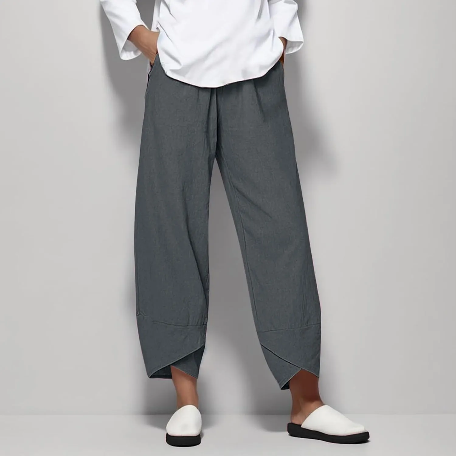 Womens Casual Cotton Linen Pants Trendy Elastic High Waist Crossover Leg Harem Trouser Workout Sport Lounge Sweatpant