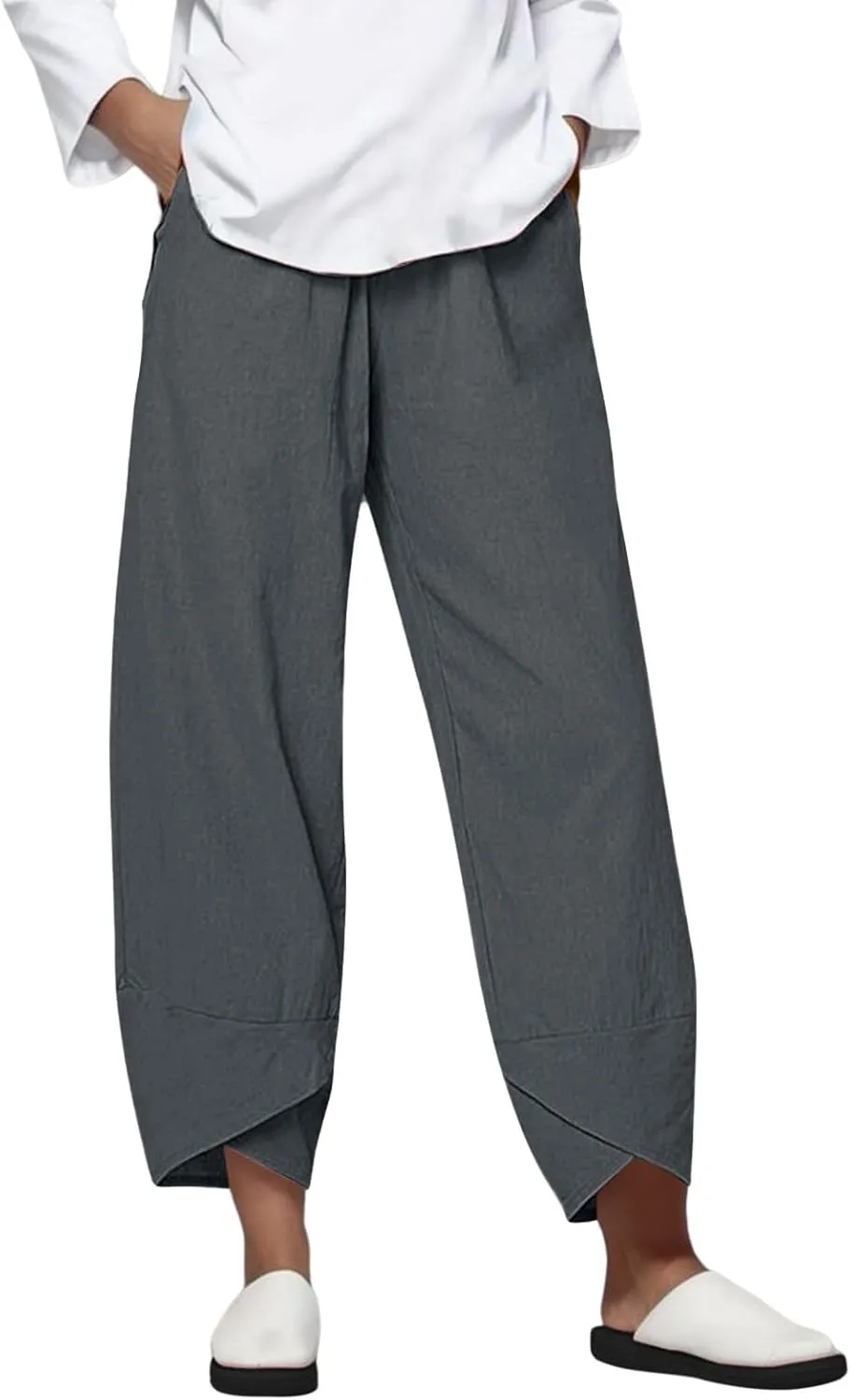 Womens Casual Cotton Linen Pants Trendy Elastic High Waist Crossover Leg Harem Trouser Workout Sport Lounge Sweatpant