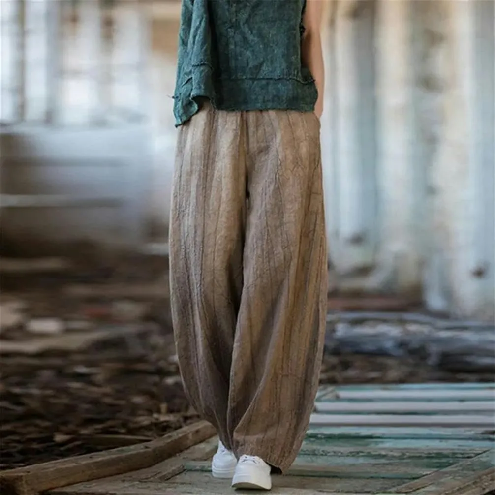 Women's Cotton Cotton Loose Cargo Pants Vintage Elastic Waist Yoga Pants Loose Casual Wide Leg Breathable Harem Pants