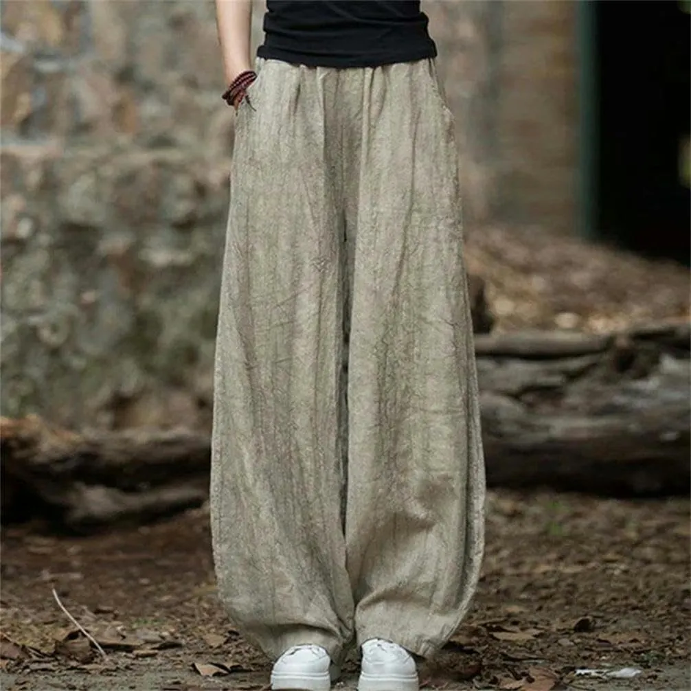Women's Cotton Cotton Loose Cargo Pants Vintage Elastic Waist Yoga Pants Loose Casual Wide Leg Breathable Harem Pants