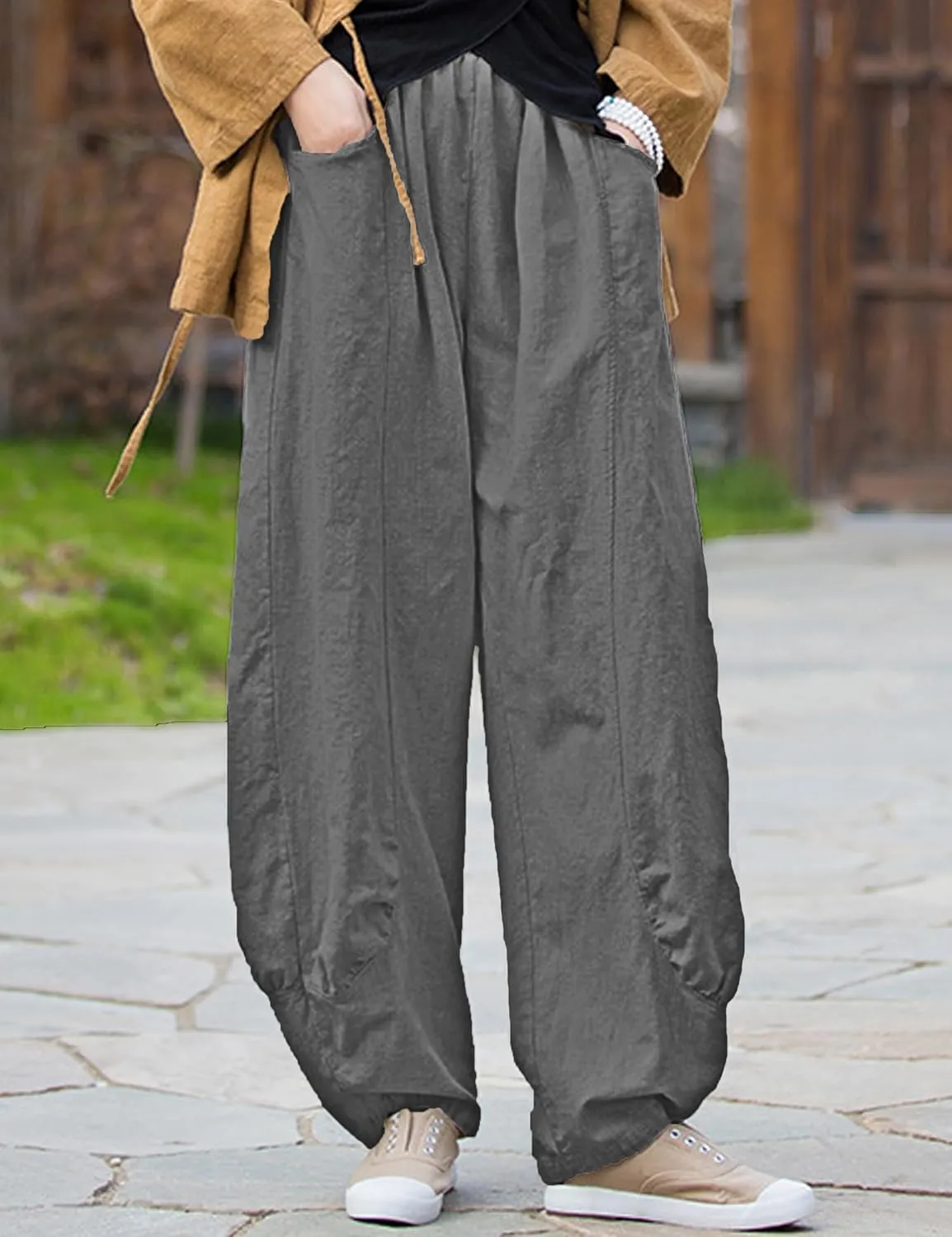 Women's Cotton Linen Pants Casual Elastic Waist Relax Fit Lantern Trouser Baggy Pants with Pockets