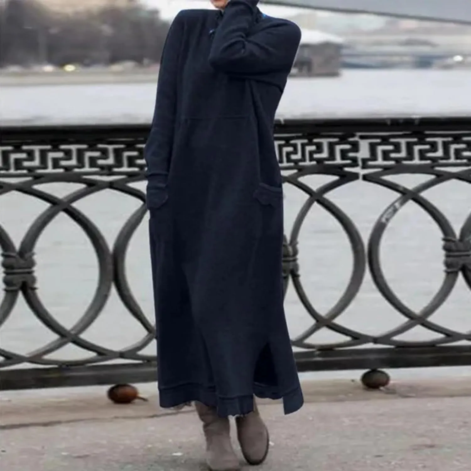 Womens Fall Casual Sweatshirt Dresses Long Sleeve Split Hem Maxi Dresses Loose Fit Ankle Length Dresses with Pockets