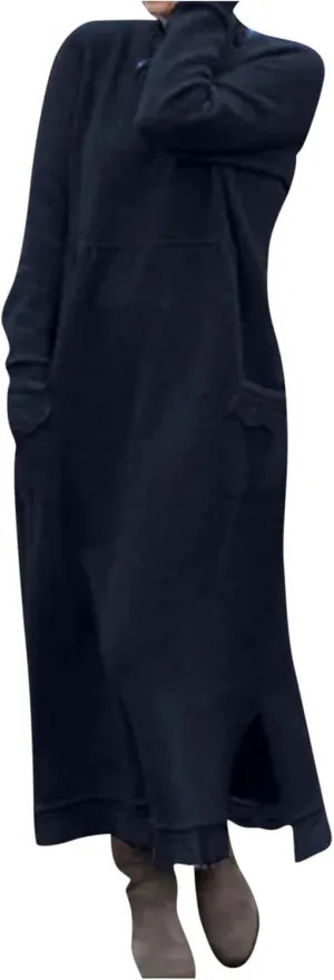 Womens Fall Casual Sweatshirt Dresses Long Sleeve Split Hem Maxi Dresses Loose Fit Ankle Length Dresses with Pockets