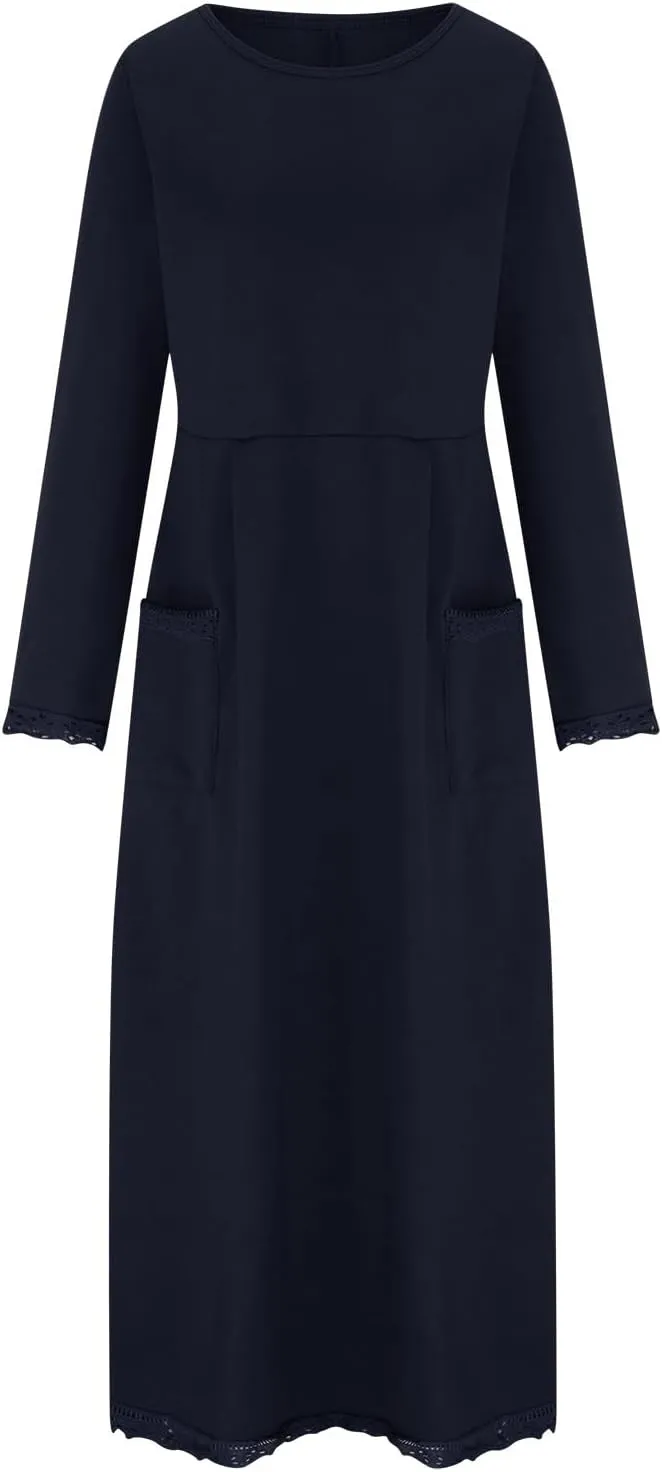 Womens Fall Casual Sweatshirt Dresses Long Sleeve Split Hem Maxi Dresses Loose Fit Ankle Length Dresses with Pockets