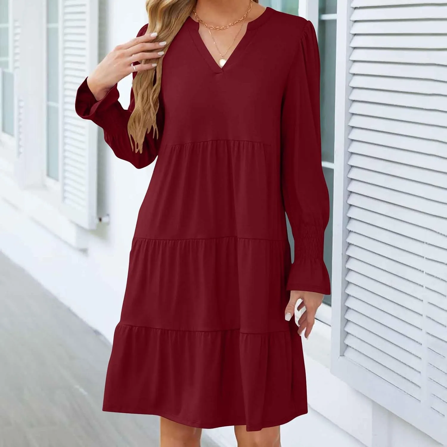 Womens Fall Dresses Causal Dressy Long Sleeve V Neck Tiered Pleated Ruffle Dress Elegant Sexy Work Solid Mini Dress