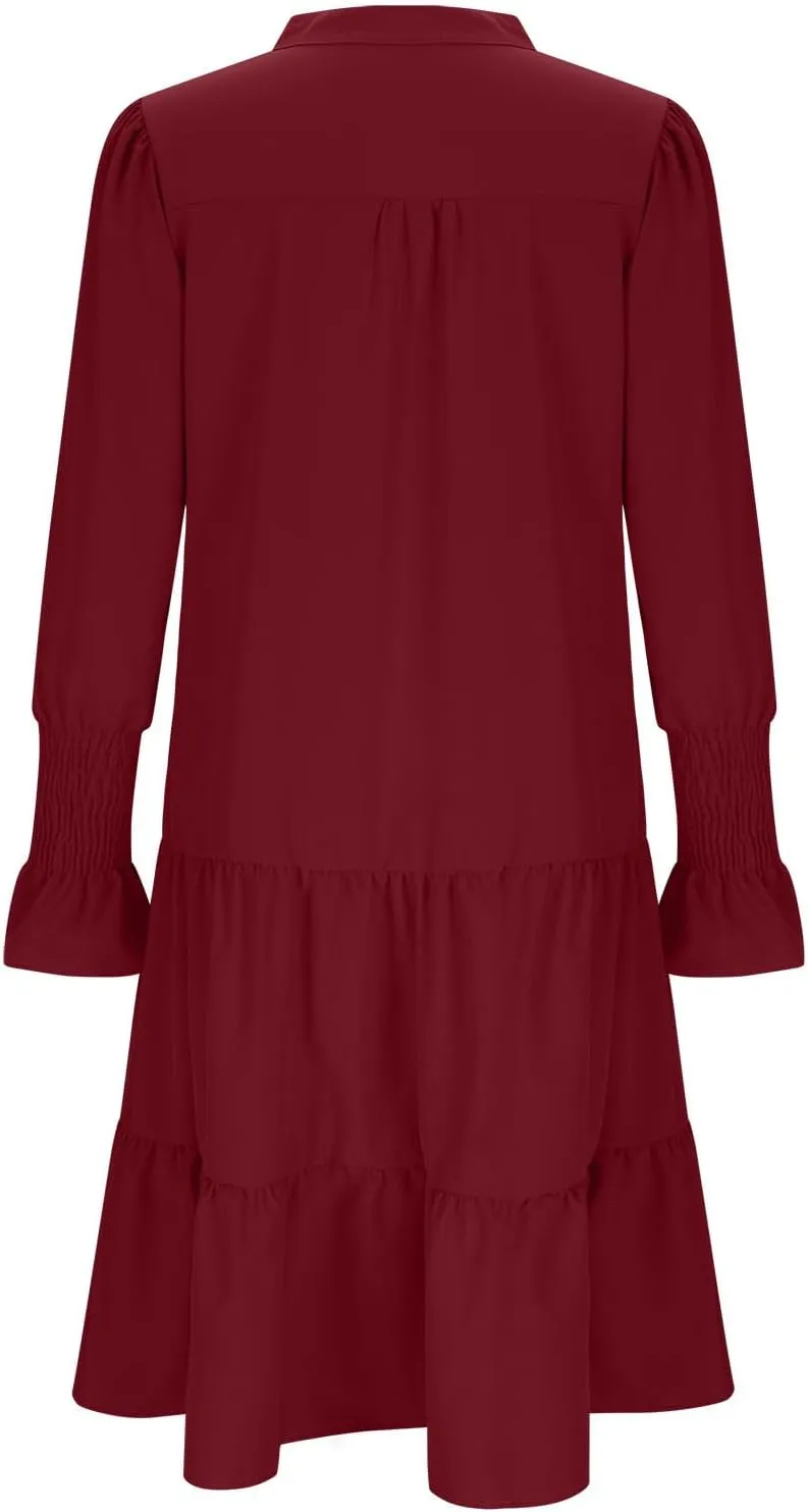 Womens Fall Dresses Causal Dressy Long Sleeve V Neck Tiered Pleated Ruffle Dress Elegant Sexy Work Solid Mini Dress