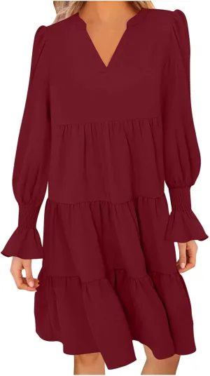 Womens Fall Dresses Causal Dressy Long Sleeve V Neck Tiered Pleated Ruffle Dress Elegant Sexy Work Solid Mini Dress