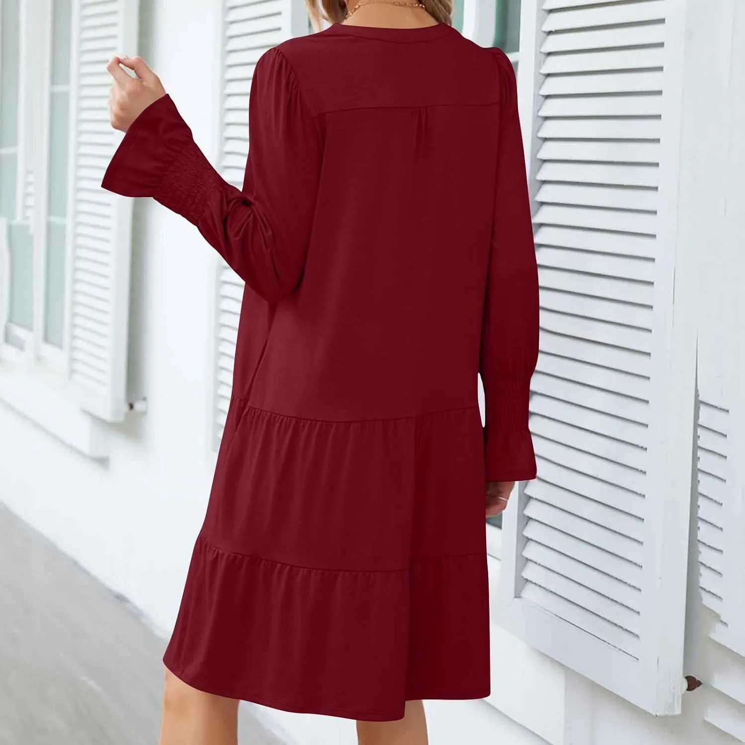 Womens Fall Dresses Causal Dressy Long Sleeve V Neck Tiered Pleated Ruffle Dress Elegant Sexy Work Solid Mini Dress