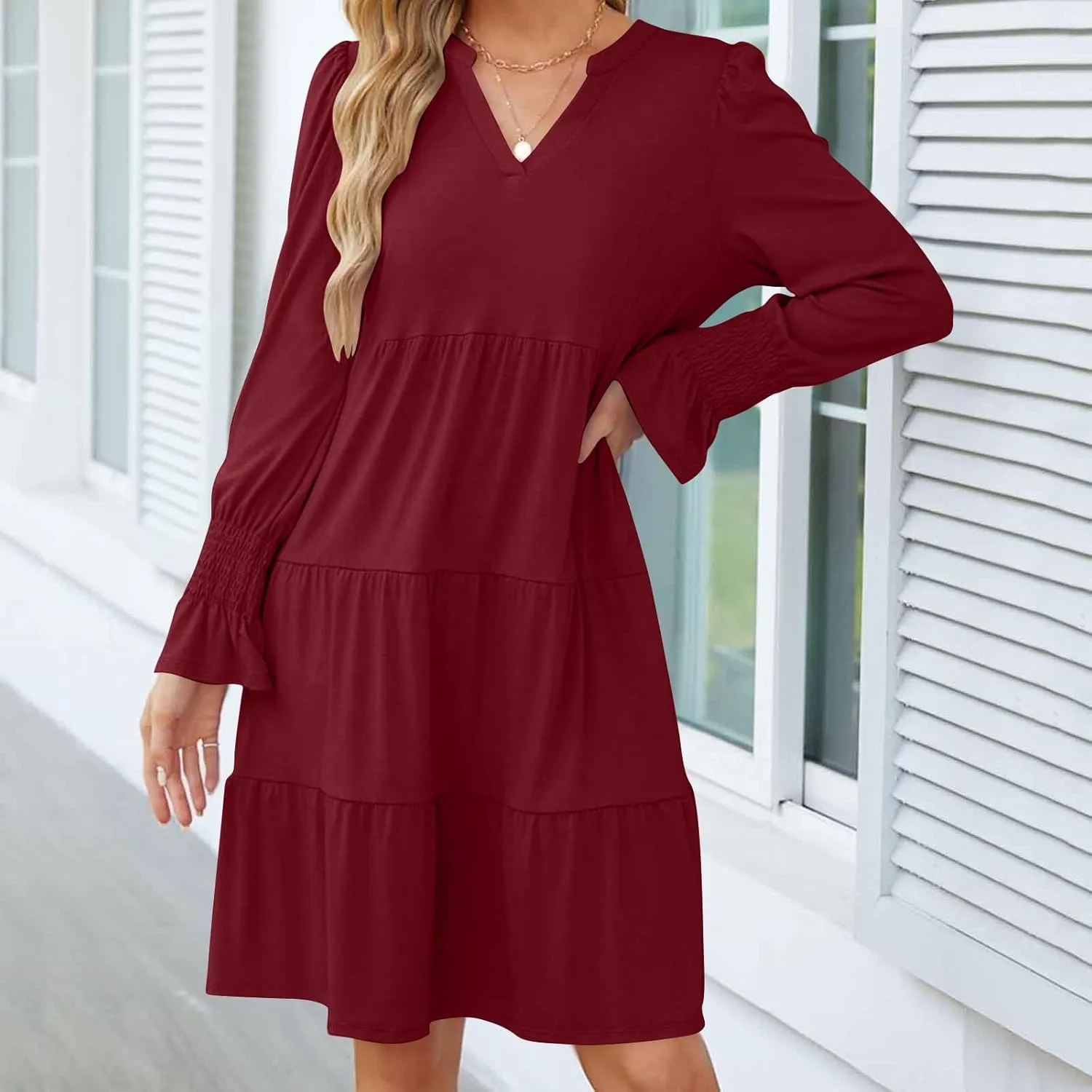 Womens Fall Dresses Causal Dressy Long Sleeve V Neck Tiered Pleated Ruffle Dress Elegant Sexy Work Solid Mini Dress
