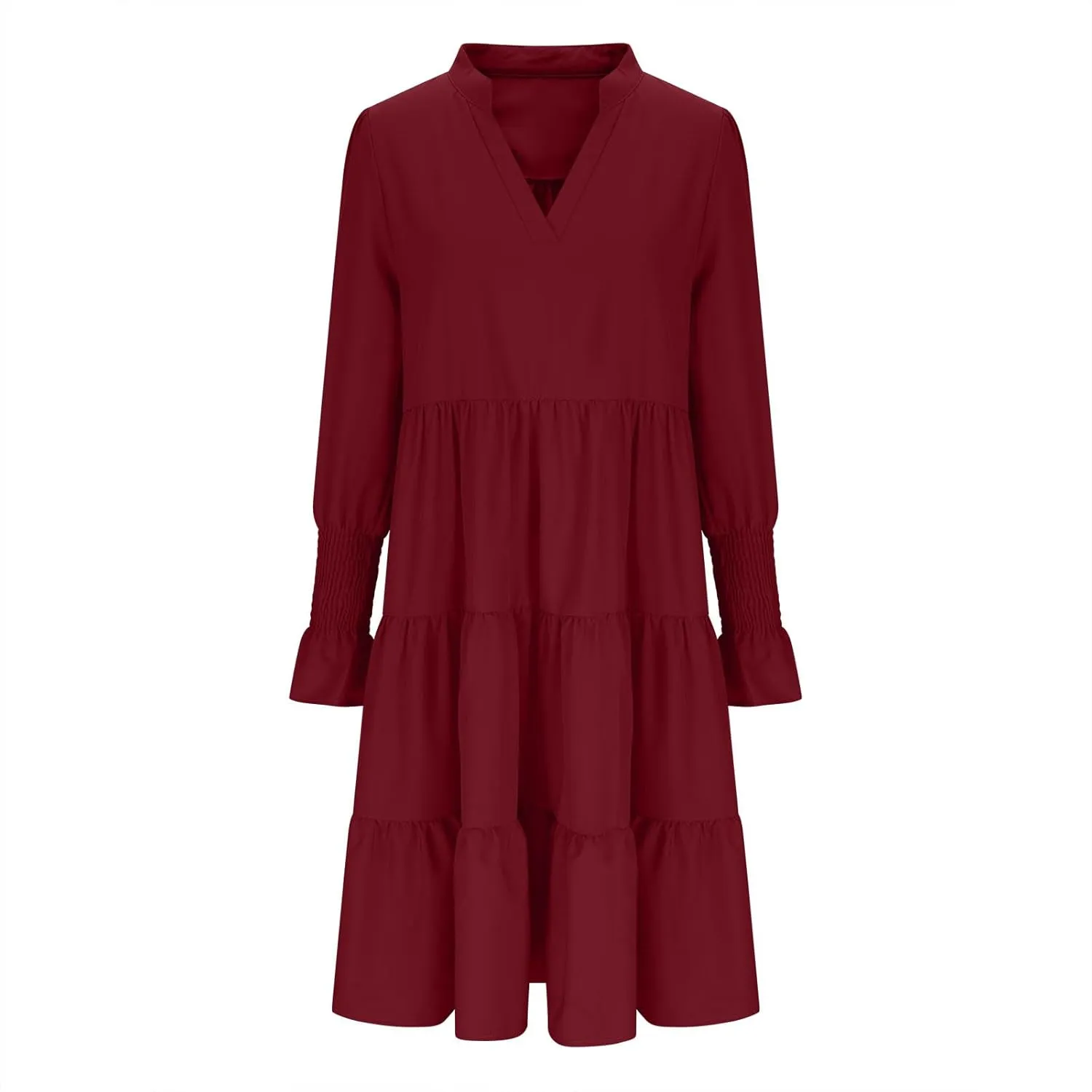 Womens Fall Dresses Causal Dressy Long Sleeve V Neck Tiered Pleated Ruffle Dress Elegant Sexy Work Solid Mini Dress